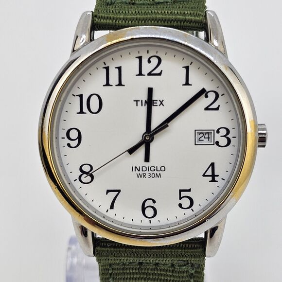Timex Men's Watch 35MM White Dial Date New Army Green Canvas Bands New Battery - Picture 2 of 13